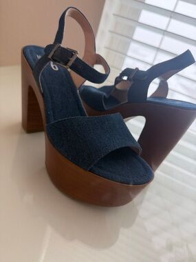 Mix No. 6 Denim Navy Platform Sandal with Wood Block Heel